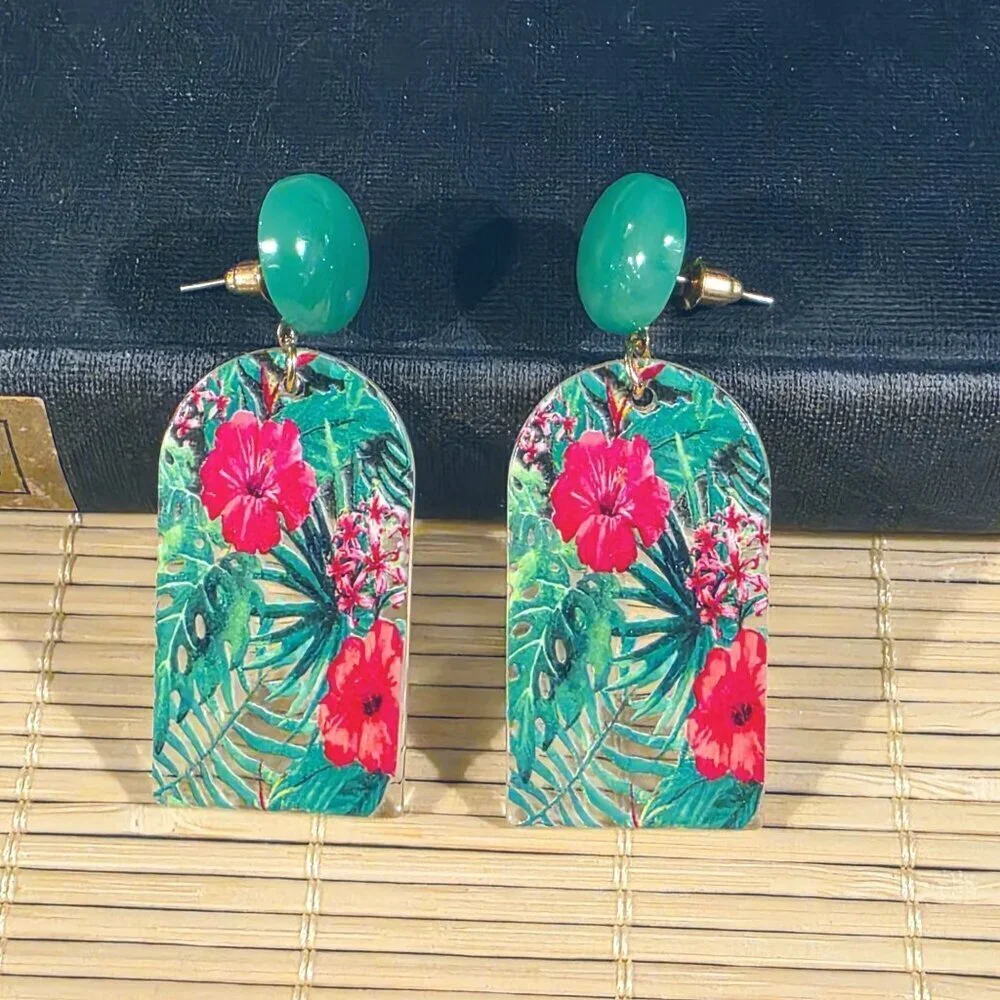 Retro 80s Style Tropical Flowers Plants Vintage Lucite Pendant Dangle earrings